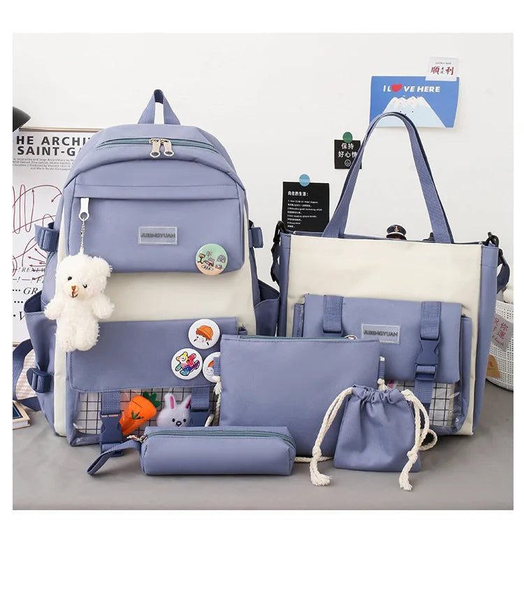 New Large-Capacity Primary School Junior High School Students Shoulders Backpack High School Five Sets of Multi-Compartment Fash