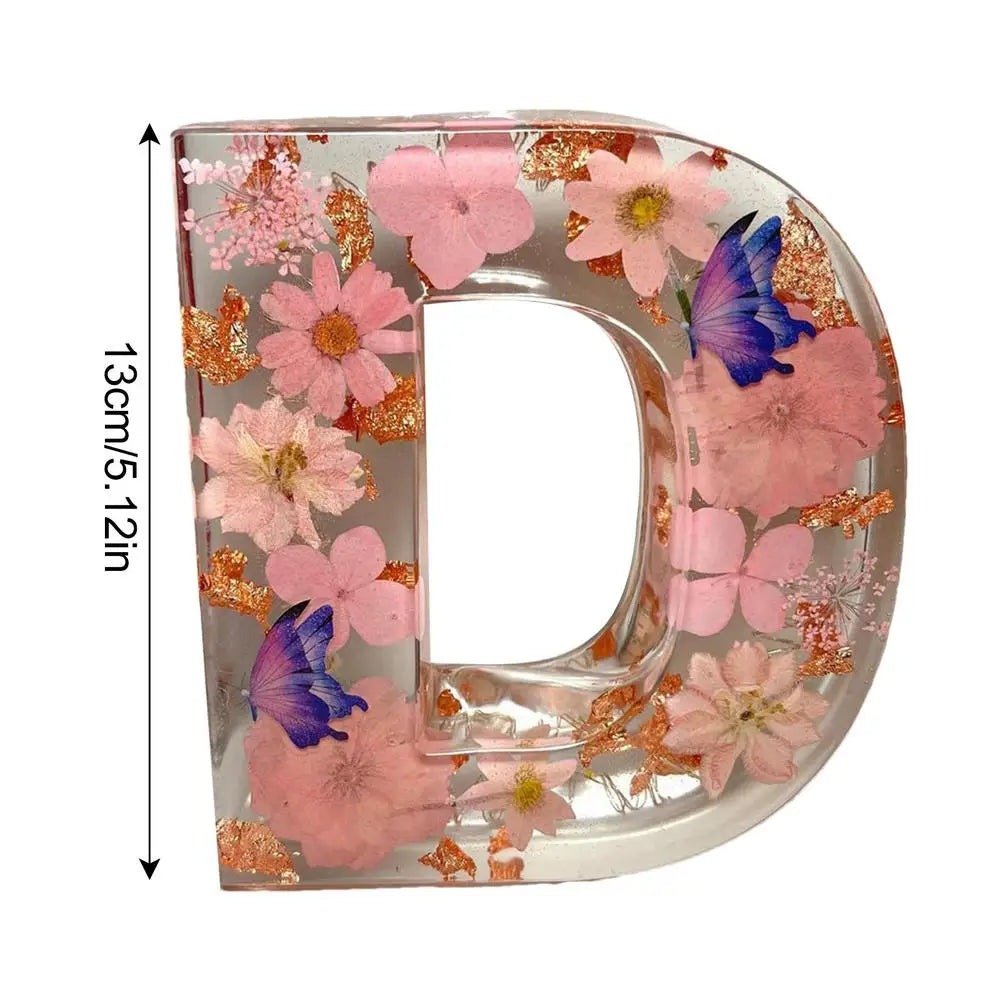 Floral 26 Letters Night Lights Decorative Resin Lamp with Initial Letter & Dry Flower Creative Table Light Night Lamp Glowing