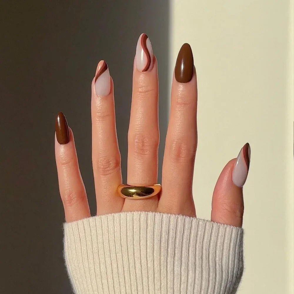 24pcs French Rainbow Fake Nails Simple Almond False Nails Art Waterproof Removable Artificial Press on Nail with Accessories