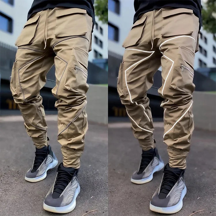 New 2025 Men‘s Casual Cargo Pants Loose Fashion Striped Multi Pocket Sports Fitness Hip Hop Jogger Trousers Male Cargo Pants