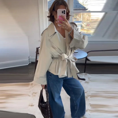 Casual Office Women's Bomber Jacket Chic Lace Up Lapel Collar Full Sleeve Female Coat Spring New Office Lady Outerwear Commuting