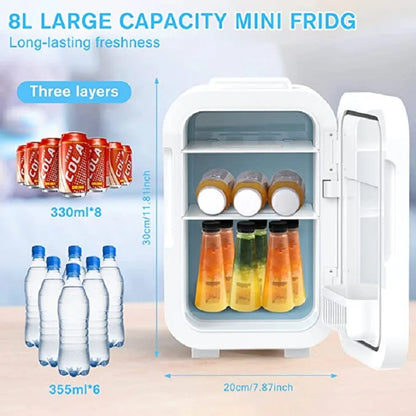 8L Mini Skincare Fridge with LED Mirror - 3-in-1 Portable Cooler & Warmer for Makeup, Face Masks, Perfumes (Home/Office/Car