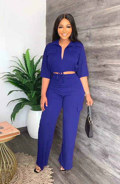 Elegant Office Women Two Piece Sets Autumn V Turn-down Neck Half Sleeve Drawstring Lace Up Short Shirt + Wide Leg Trousers Set