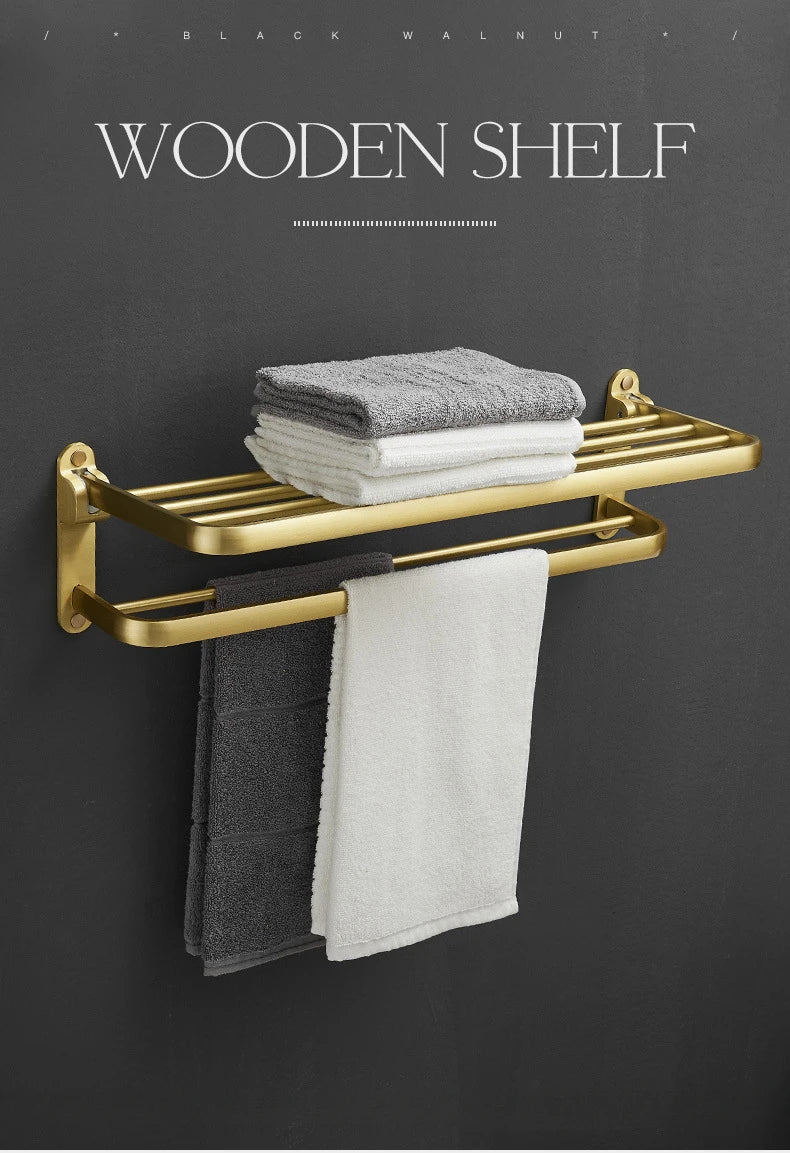 Bathroom Accessories Brushed Gold Space Aluminum Towel Rack Shelf European Hardware Pendant Set Storage Bar Paper Holders