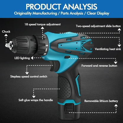 Rechargeable Lithium Battery Electric Hand Drill Electric Screwdriver Cordless Power Drills Home DIY Electric Drill