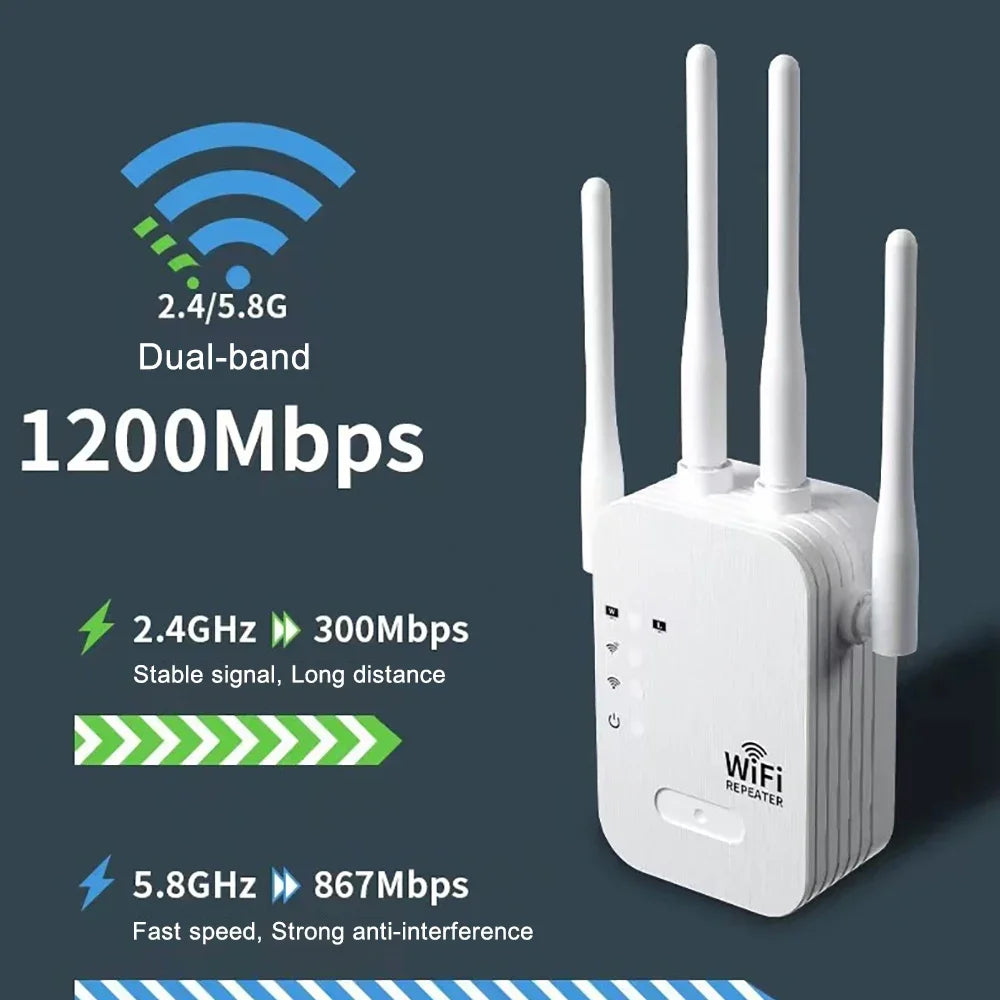 WiFi Repeater Wireless Extender 1200Mbps WiFi Booster 5G 2.4G Dual-band Network Amplifier Long Range Signal WiFi Router Home