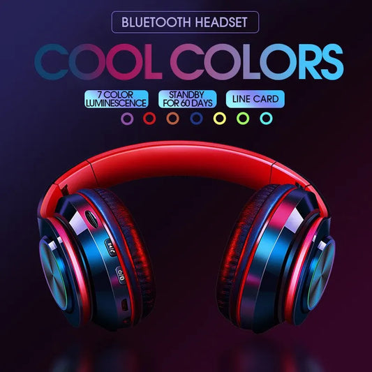 over-ear bluetooth headset wireless subwoofer headset folding card colorful luminous headset