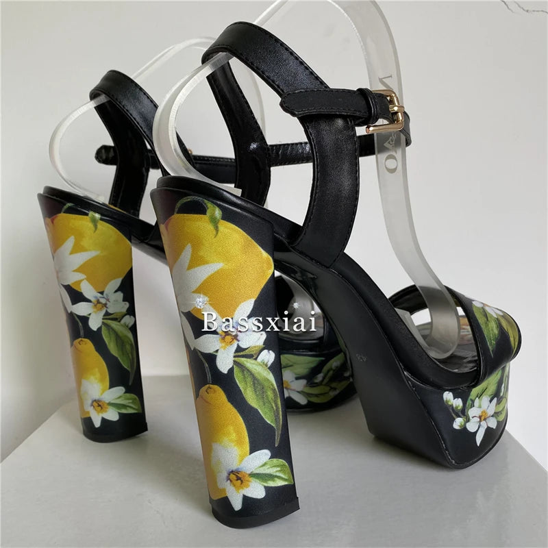 2025 Print Flower High Platform Sandals Women Chunky Heel Genuine Leather Ankle Strap Party Shoes Summer