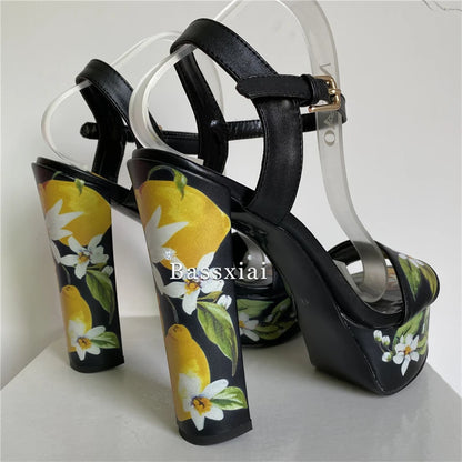 2025 Print Flower High Platform Sandals Women Chunky Heel Genuine Leather Ankle Strap Party Shoes Summer