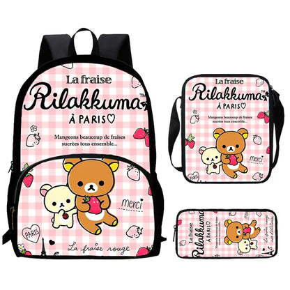 Child School Backpack with Front Pocket,Shoulder Bag,Pencil Bag for Aged 5-10,Cartoon Strawberry Bear School Bags for Boys Girls