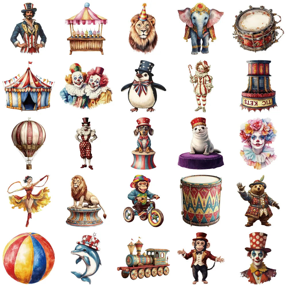 50PCS Creative Circus Stickers Decorative Notebook Phone Cases Water Cups DIY Personalized Waterproof Sticker