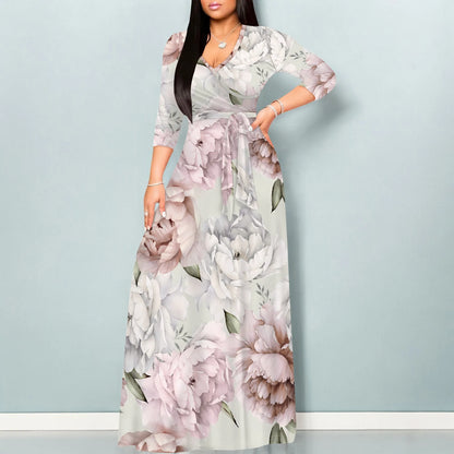 Women's Plus Size Maxi Dresses 3/4 Sleeves Bohemian Long Dress Printed Swing Dress with Belt
