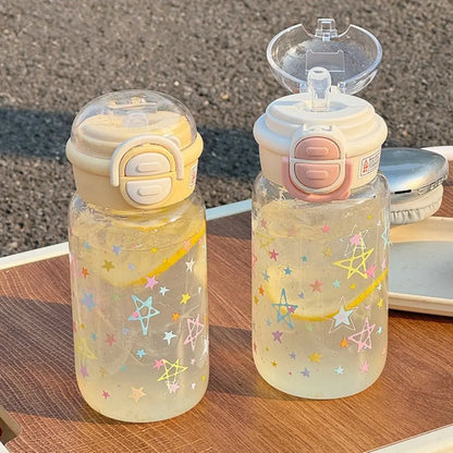 500ml Transparent Plastic Cup Straw Cup Lifting Rope Graffiti Water Bottles Fall Prevention Portable Drinking Water Bottle