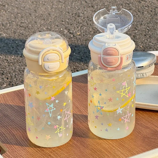 500ml Transparent Plastic Cup Straw Cup Lifting Rope Graffiti Water Bottles Fall Prevention Portable Drinking Water Bottle