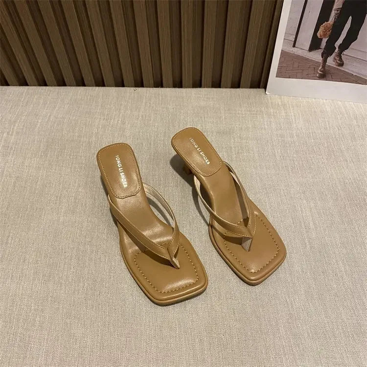 Flip Flops Women Summer Outside New Square Head Slim Heel Sandals Fashion Clip Toe Slippers Women Sandals Pantuflas De Mujer