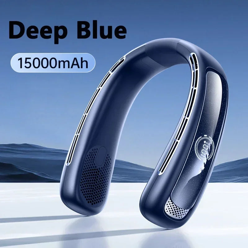 15000mah Portable Neck Fan Smart Digital Display USB Rechargeable Outdoors Bladeless Silent Cooling Neck Fan For Summer Sport