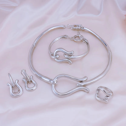 Fashion Jewelry Sets For Women Gold Color Choker Necklace Earrings Bracelets Ring Wedding Set Party Accessories