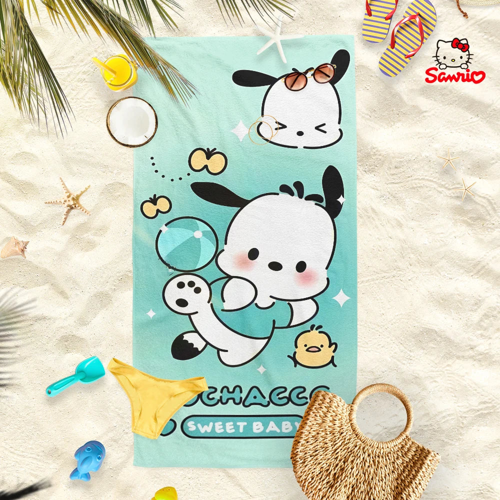 Adorable Cartoon-Printed Beach Towels: PomPomPuu, Pochacco, Cinnamo, and Kitty Designs! Suitable for towels, bath towels
