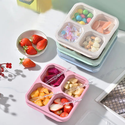 Reusable 4 Compartments Lunch Box Snack Dim Sum Nut Candy Box with Cover Wheat Straw Four Grid Snack Containers Meal Prep
