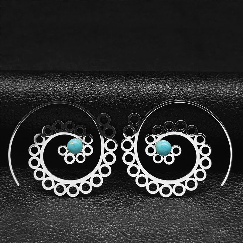 Vintage Ethnic Indian Carved Mandala Flower Dangle Earrings Stainless Steel Stone Boho Hollow Earring Jewelry pendientes flor
