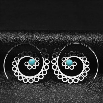 Vintage Ethnic Indian Carved Mandala Flower Dangle Earrings Stainless Steel Stone Boho Hollow Earring Jewelry pendientes flor