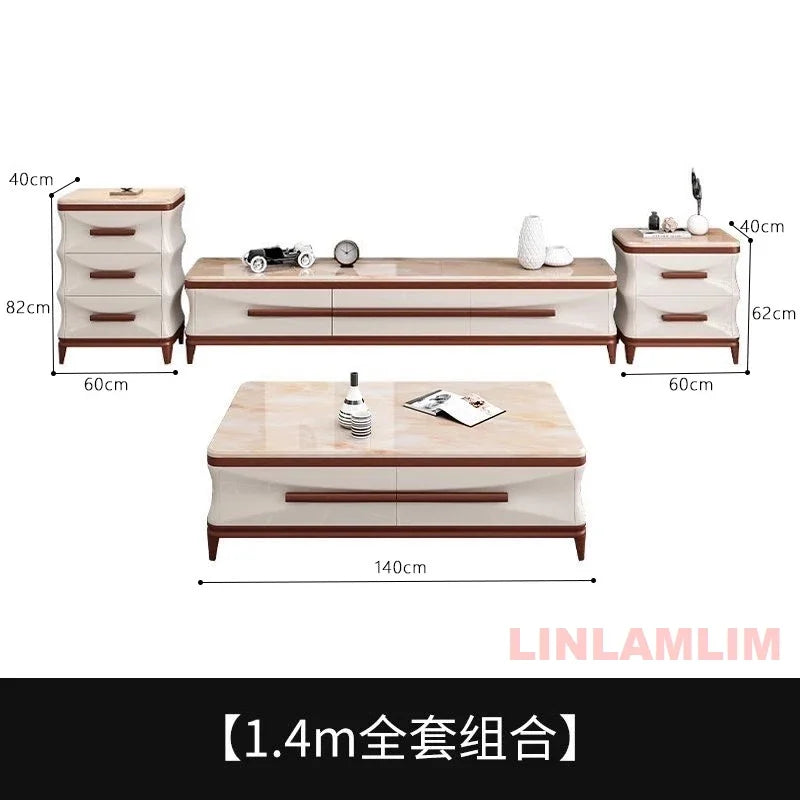 Linlamlim Modern Luxury Living Room Furniture - Coffee Table, TV Stand, and Side Cabinets with Marble Finish and Wooden Accents