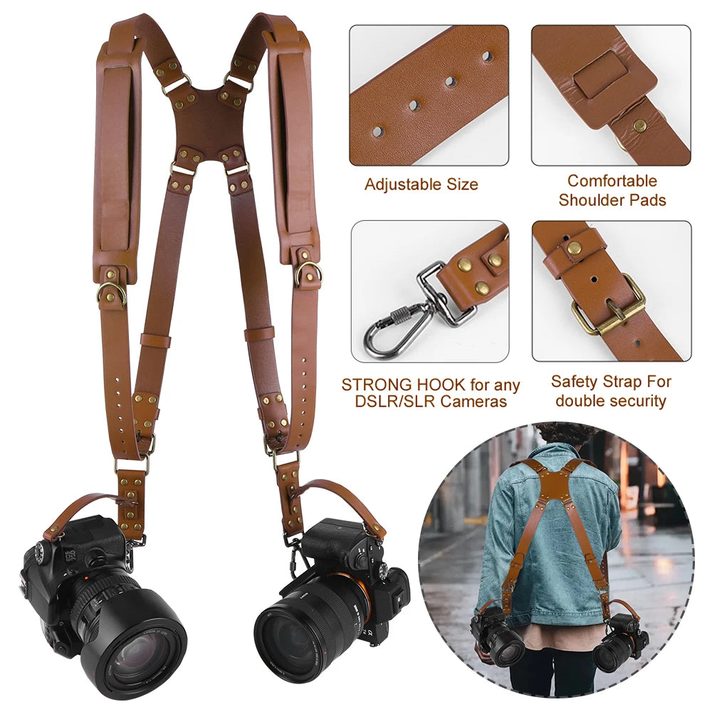Dual Camera Strap Double Camera Harness Adjustable Leather Camera Straps Universal Camera Carrying Strap for Photographers