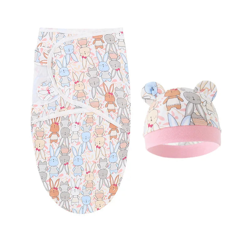 Baby Blanket Hat Set Cartoon Printed Cotton Newborn Swaddle Adjustable Infant Blankets Wraps Applicable All Seasons 0-6 Months