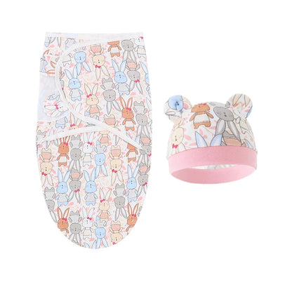 Baby Blanket Hat Set Cartoon Printed Cotton Newborn Swaddle Adjustable Infant Blankets Wraps Applicable All Seasons 0-6 Months