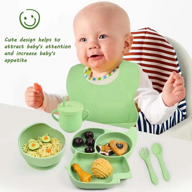 Silicone Baby Feeding Set Soft Silicone Sucker Plate Bowl Elephant Plate Personalized Name Feeding Bib Apron Children's Dishes