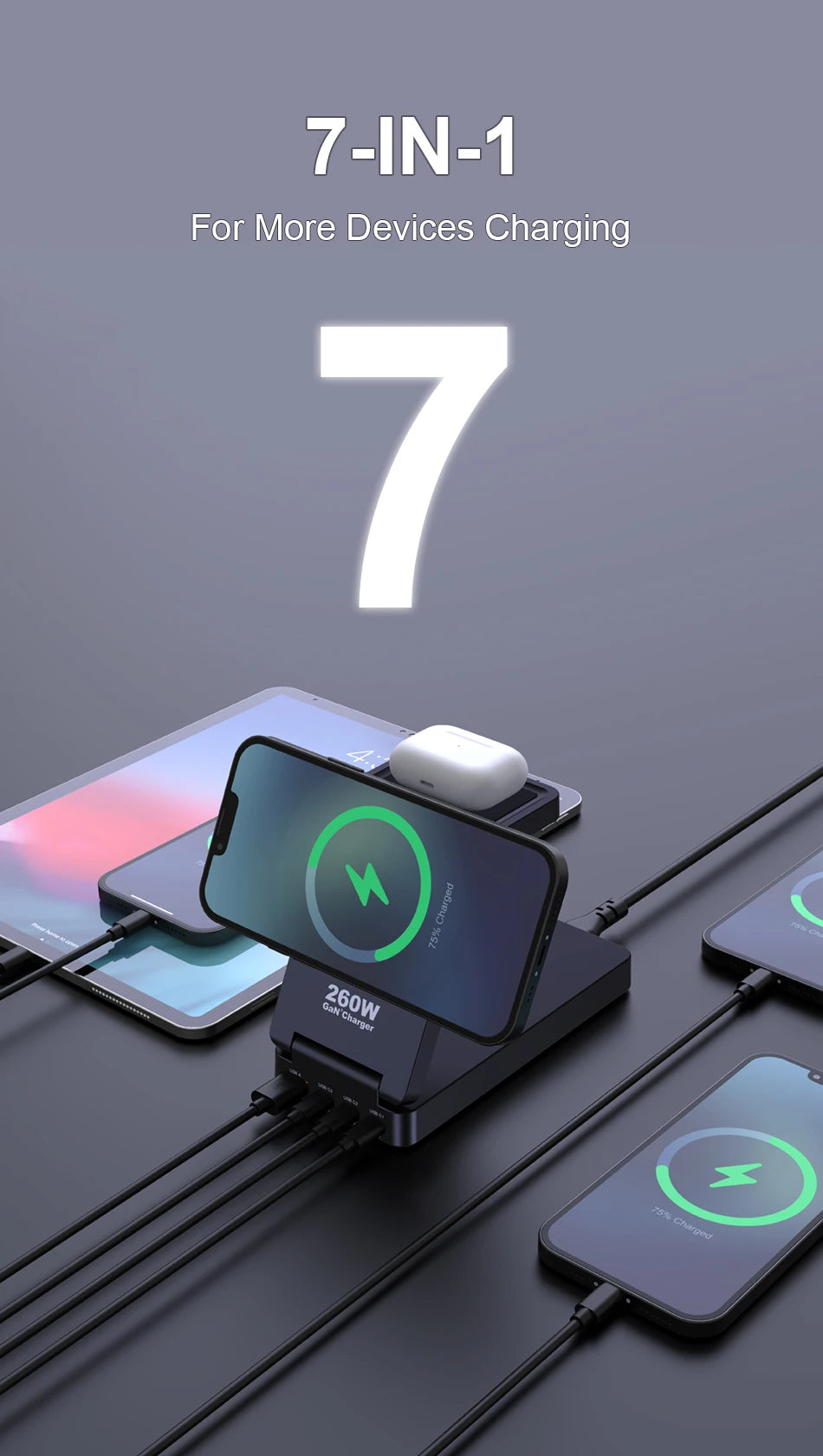 7-in-1 Charging Station 260W GaN Fast USB C Desktop Charger 15W Magnetic Wireless Charger for iPhone 16/15 Pro Max MacBook Pro