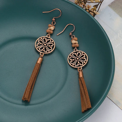 Bohemian Brown Geometric Fringe Earrings for Women Vintage Hollow Flower Beads Tassel Earrings Girls Party Jewelry Gifts