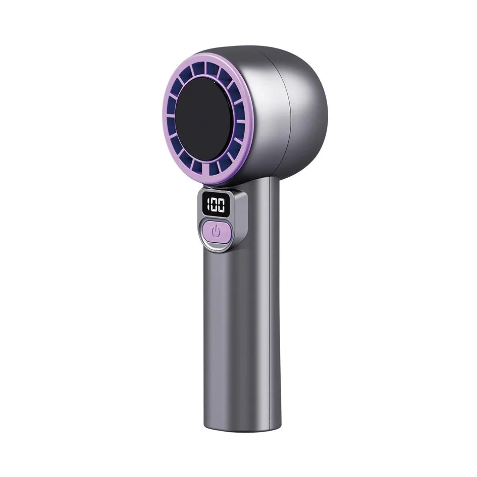 Digital display handheld fan with outdoor portability, USB rechargeable, featuring strong wind power, extended battery life.