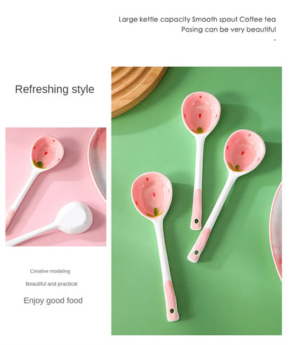 Strawberry Long Handled Ceramic Spoon Cute Household Stirring Spoon High Appearance Spoon Children's Soup Spoon