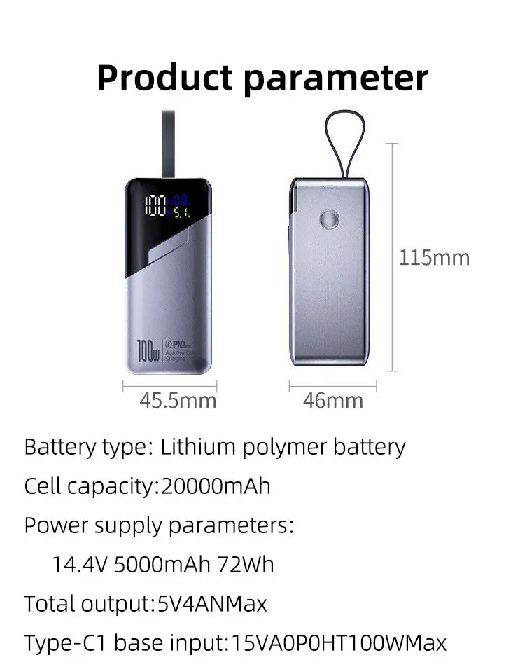 PD100W GaN Power Bank 20000mah/30000mah Build in Line High Definition LED Screen UFCS Phone Laptop Phone Portable Fast Charging