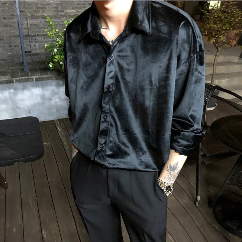 Men's Winter Velvet Shirt Red Black Luxury Clothes For Mens Burgundy chemise velours homme Korean Men Clothing Streetwear