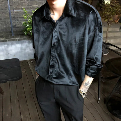 Men's Winter Velvet Shirt Red Black Luxury Clothes For Mens Burgundy chemise velours homme Korean Men Clothing Streetwear