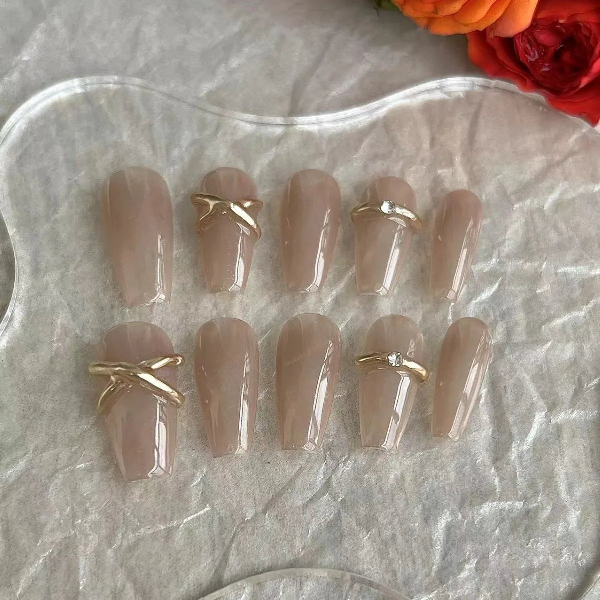 10 pcs Metal Handmade Press on Nails Middle Ballet Pink Bow Design False Nails Adhesive Nail  wearable Artificial Nails