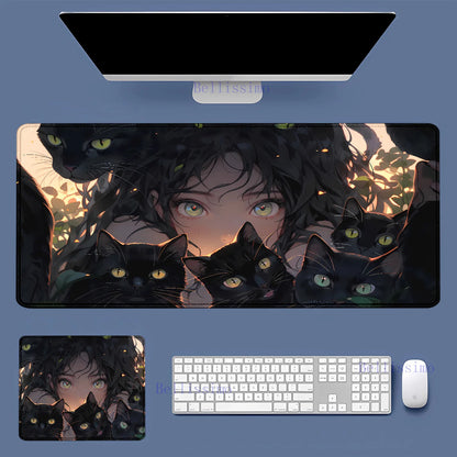 Black Cat and Girl Fast Keyboard pad lock-edge Extended teclado mousepad kawaii Purple Office desktop protection mouse pad XXL