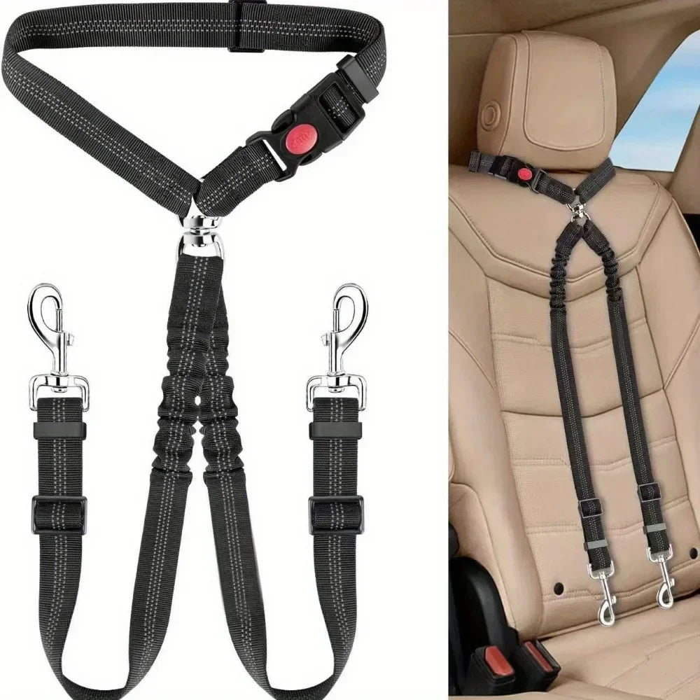 Double Dog Car Harness Safety Seatbelt Adjustable Pet Travel Restraint for 2 Dogs Heavy Duty Crash Tested Elastic Splitter Headr