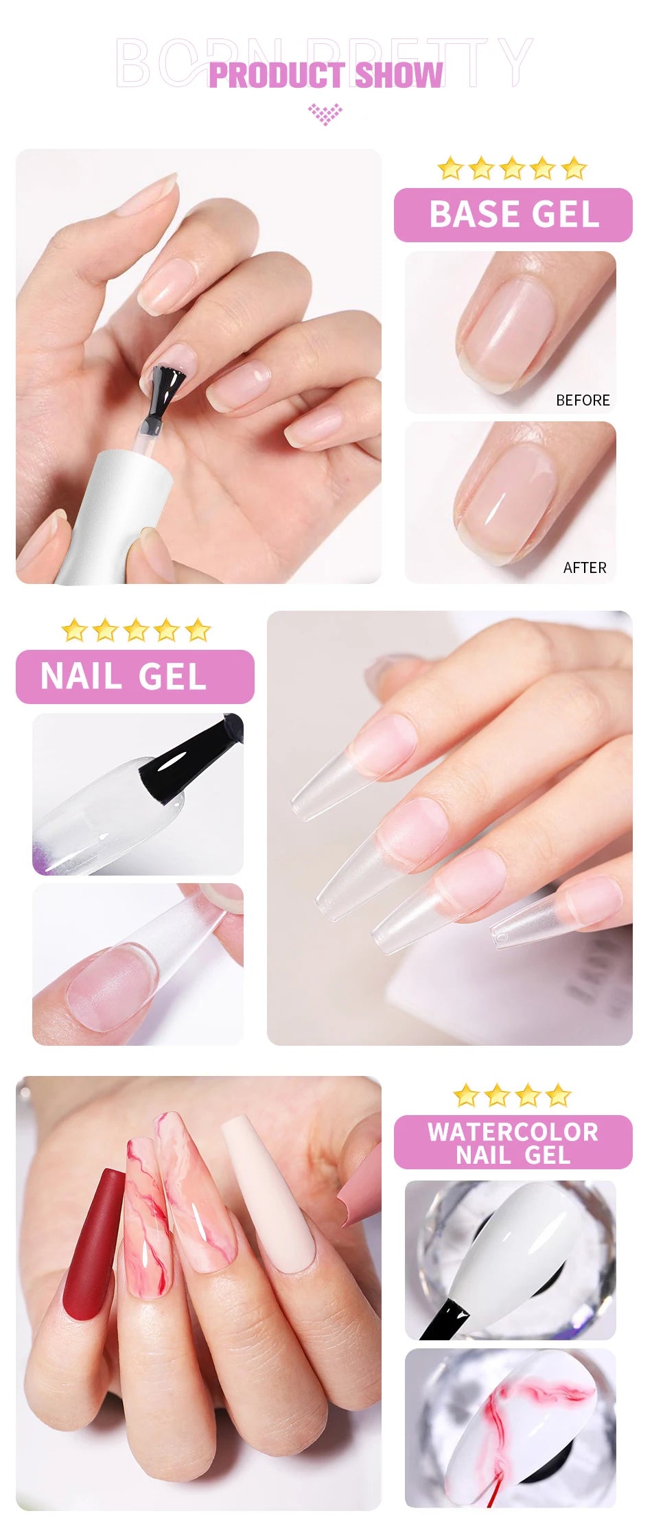 BORN PRETTY 15/10ML 6 IN 1 Nail Glue Gel for Acrylic Nails Soak off Base Gel Top Coat UV Extension Nail Gel False Nail Tips Gel