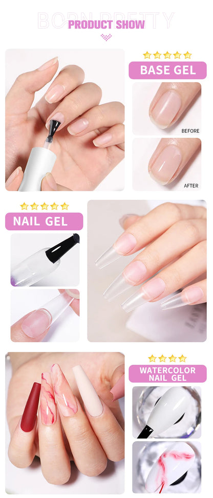 BORN PRETTY 15/10ML 6 IN 1 Nail Glue Gel for Acrylic Nails Soak off Base Gel Top Coat UV Extension Nail Gel False Nail Tips Gel