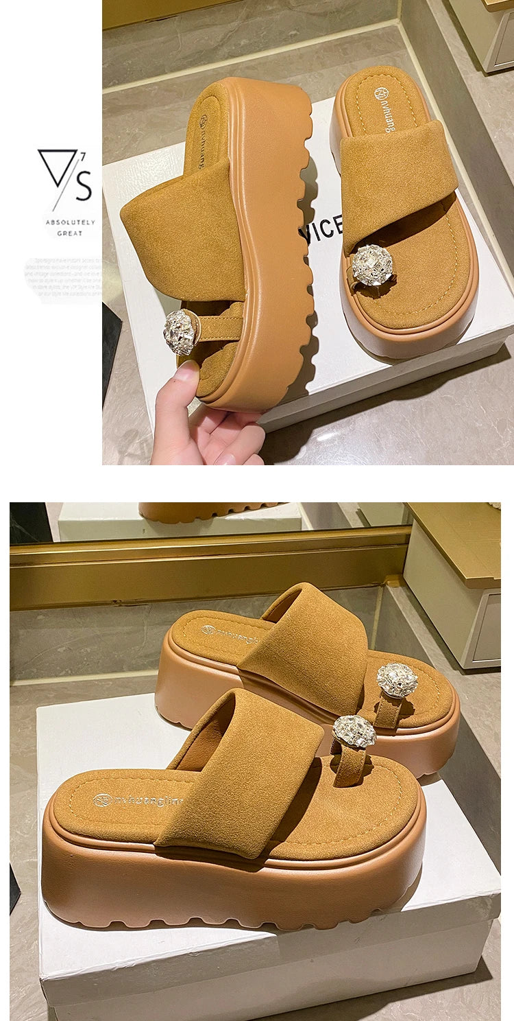 7cm Shiny Rhinestone High Platform Slippers Women Butterfiy-Knot Heels Chunky Sandals Woman Summer Thick Bottom Wedges Slides