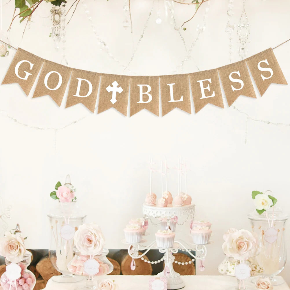 3PCS Communion Party Banner God Bless Baptism Christening Rustic Burlap Garland Banners For Wedding Baby Shower Decoration