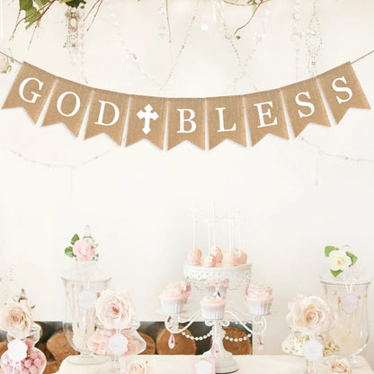 3PCS Communion Party Banner God Bless Baptism Christening Rustic Burlap Garland Banners For Wedding Baby Shower Decoration