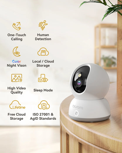 blurams Indoor Security Camera 2K, Home Security Camera for Dog/Baby Monitor/Elder, Security Camera with One-Touch Call, Color N