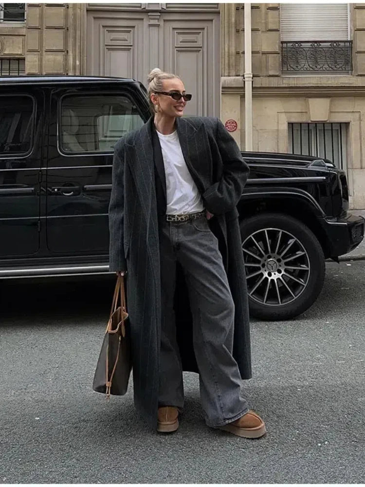 Retro Striped Lapel Woolen Long Coat Women Casual Loose Dark Grey Oversize Coats Female Winter Elegant Chic Outwear