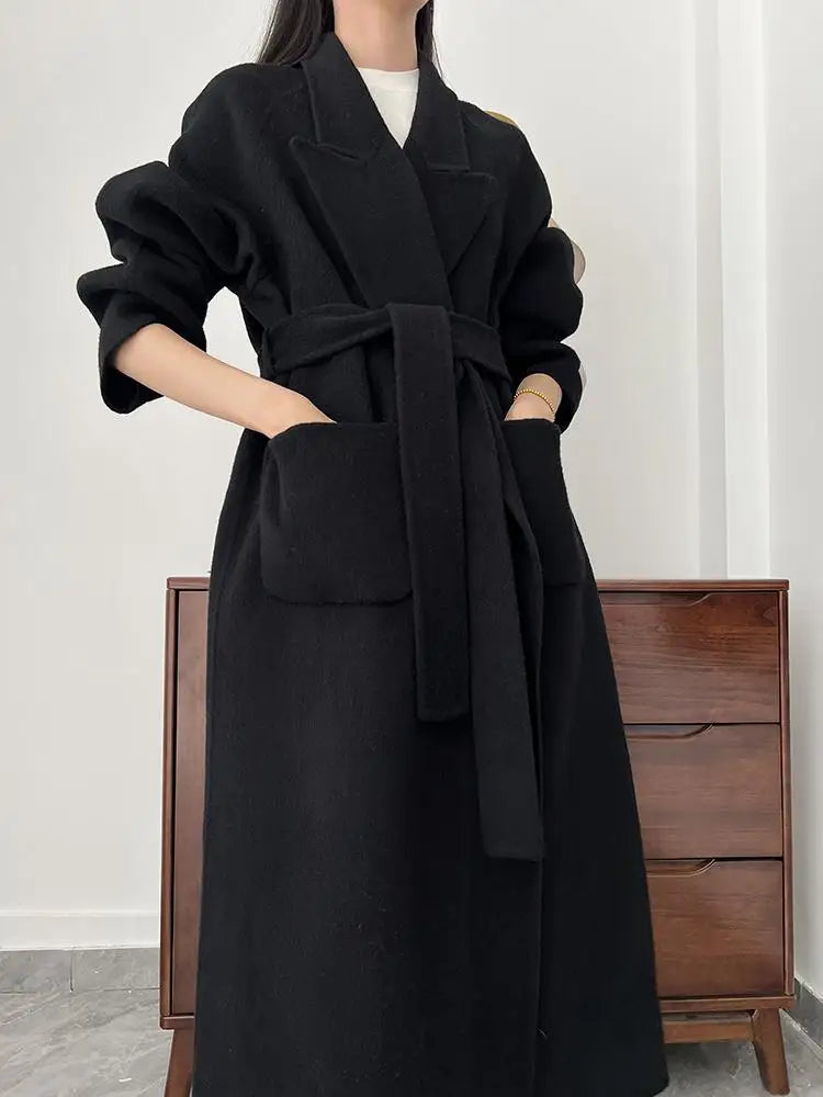 Office Lady Woolen Jackets 2024 Autumn And Winter Bathrobe Style Pocket Double-Sided Loose Lace -Up Tie Women's Long Wool Coats