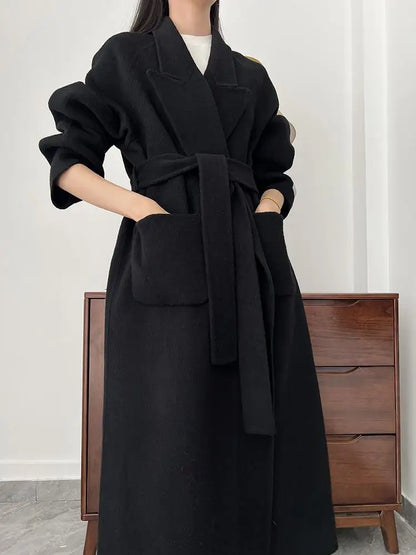 Office Lady Woolen Jackets 2024 Autumn And Winter Bathrobe Style Pocket Double-Sided Loose Lace -Up Tie Women's Long Wool Coats