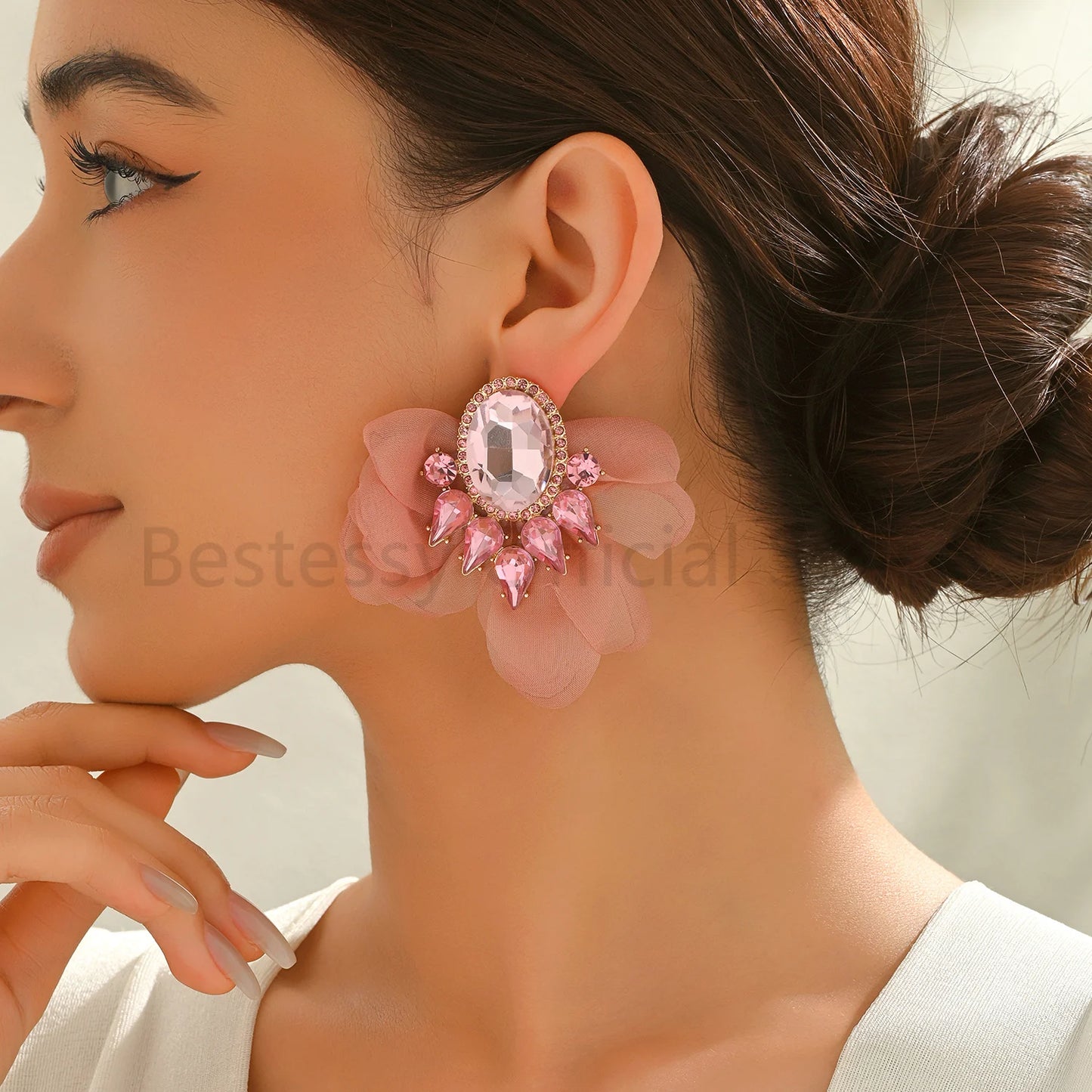 Bohemian Fabric Flower Earrings for Women Imitation Gemstone Floral Large Earrings Party Prom Beach Vacation Jewelry Accessories